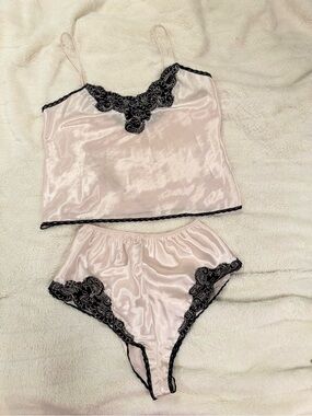 Vintage Satin Lace Trim Cami & High-Waist Brief Set - Blush Pink